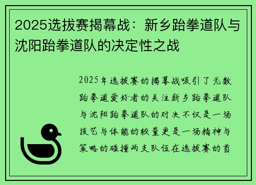 2025选拔赛揭幕战：新乡跆拳道队与沈阳跆拳道队的决定性之战