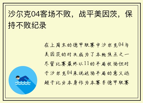 沙尔克04客场不败，战平美因茨，保持不败纪录